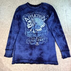 Affliction Reversible  Mens Long Sleeve Thermal Skull Native Blue XL